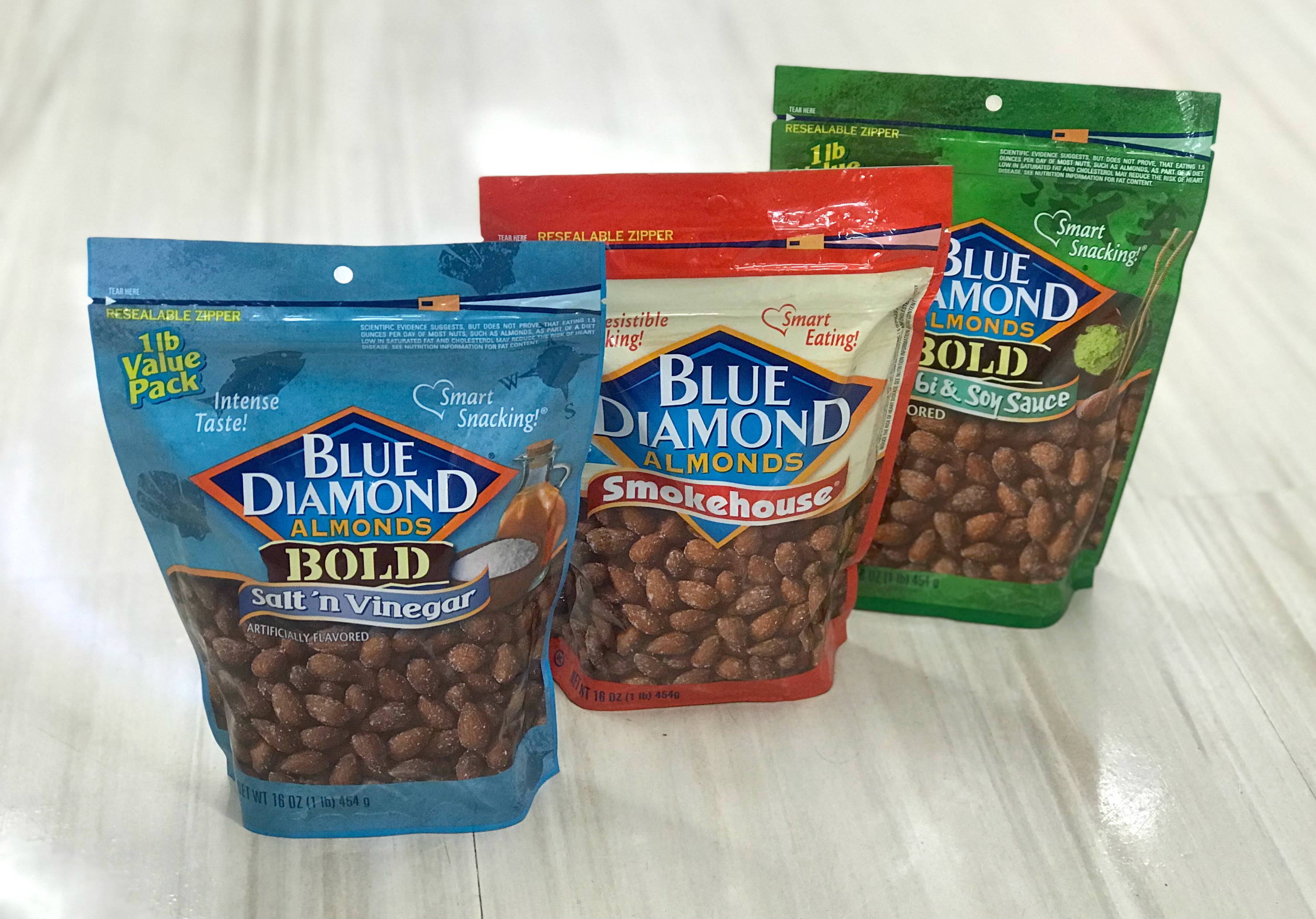 bags of Rite Aid Blue Diamond Almonds in assorted flavors