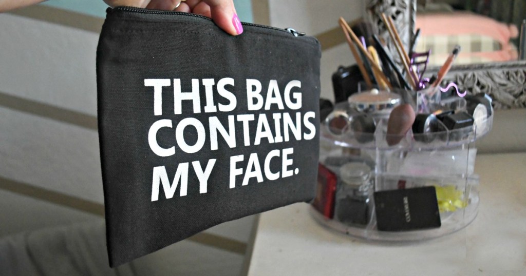 gift guide for beauty makeup lover — "this bag contains my face" makeup bag