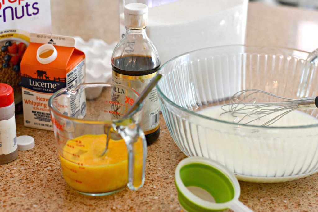 making grape-nuts pudding in a bowl