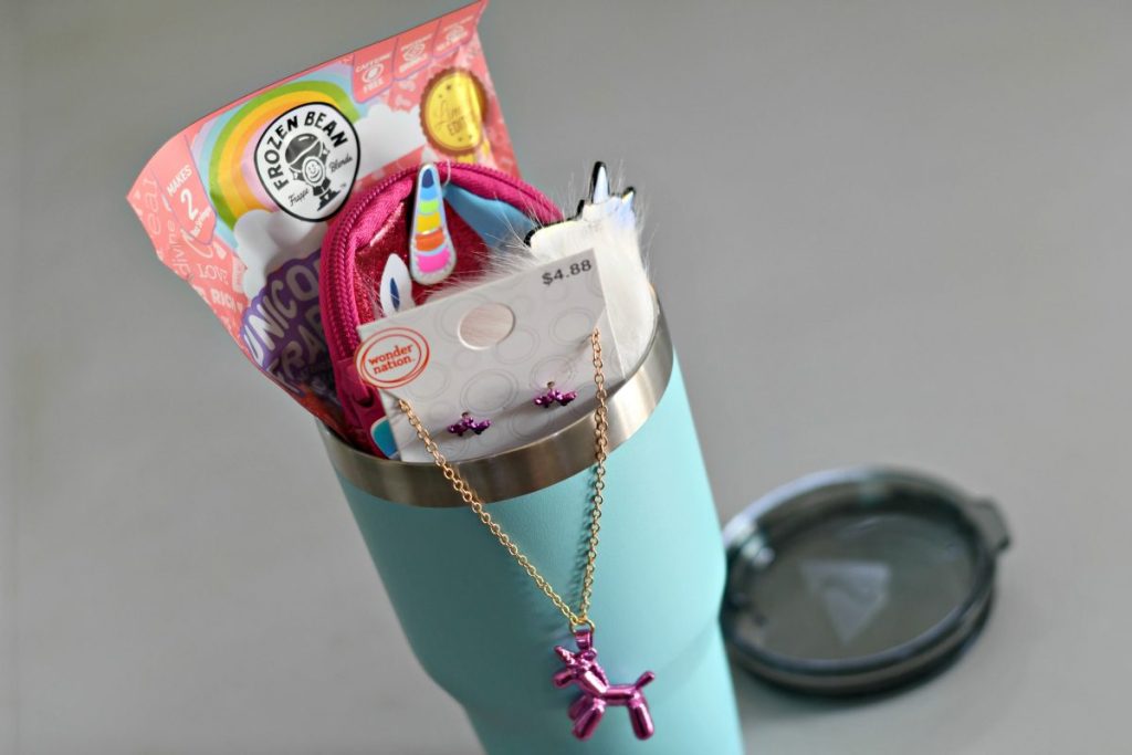 DIY Tumbler gift filled with unicorn products 