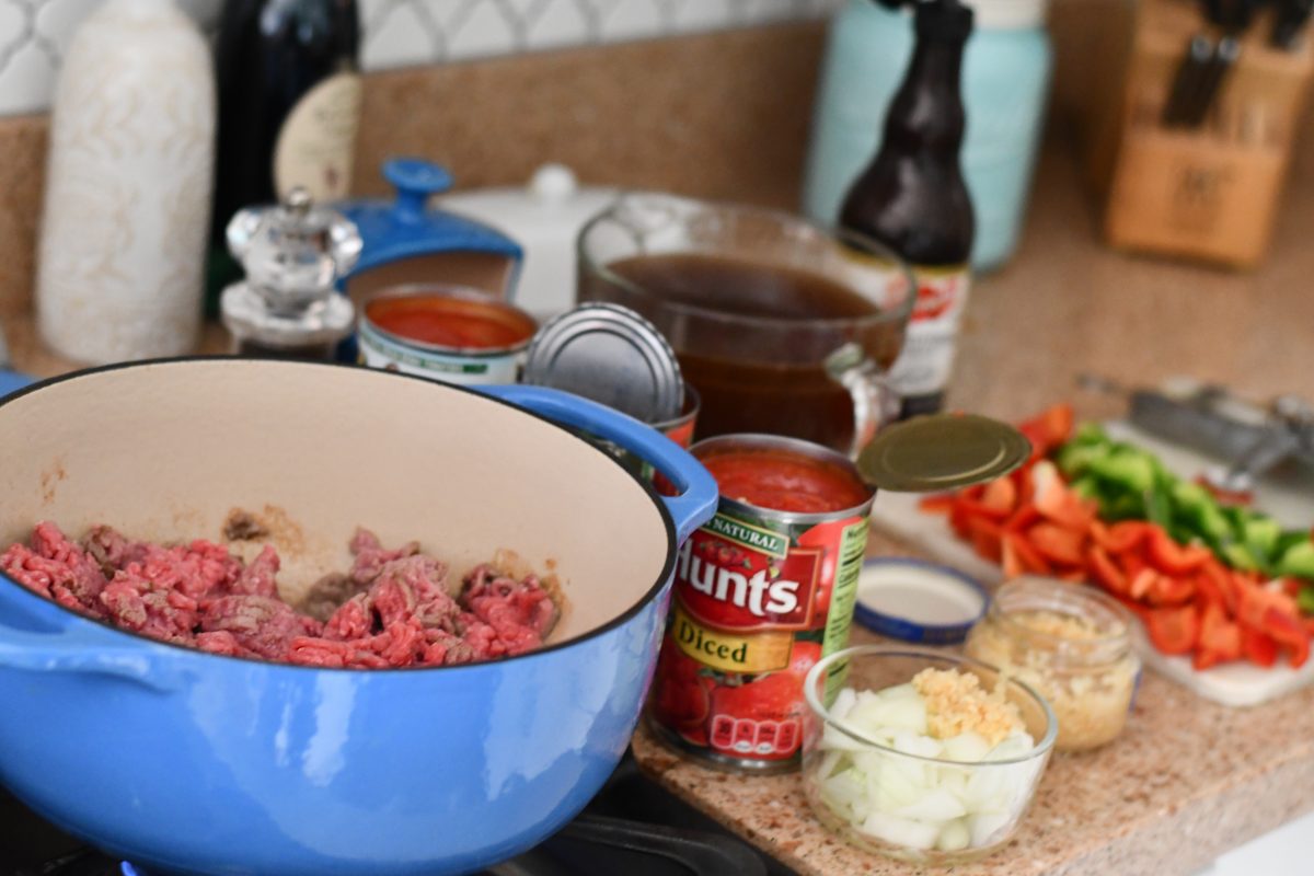 stuffed bell pepper soup prep work with the hamburger and onion