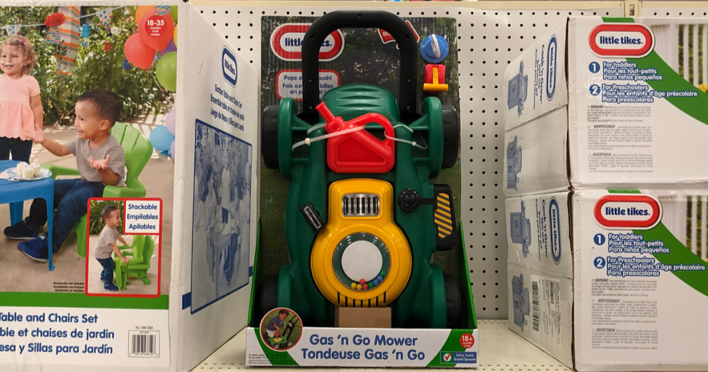 Little tikes mower on shelf