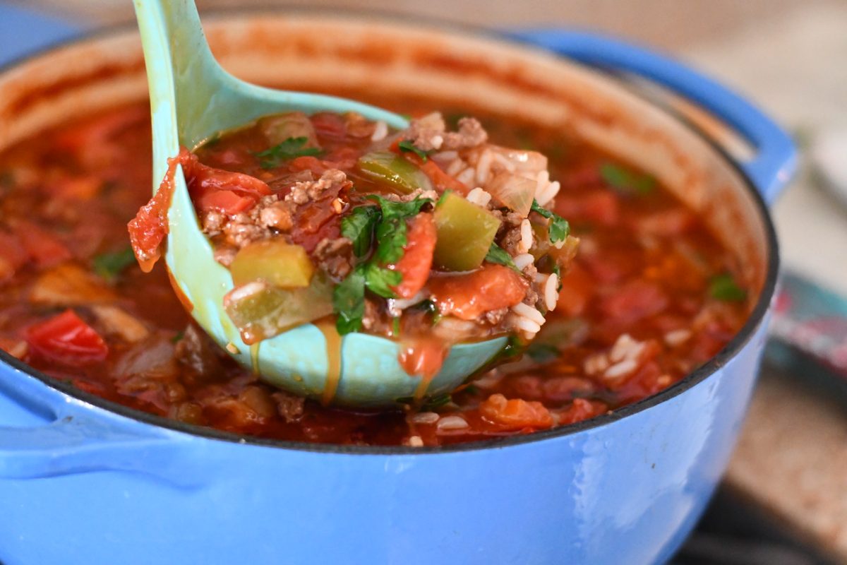 Stuffed Pepper Soup in Cast Iron Pan 