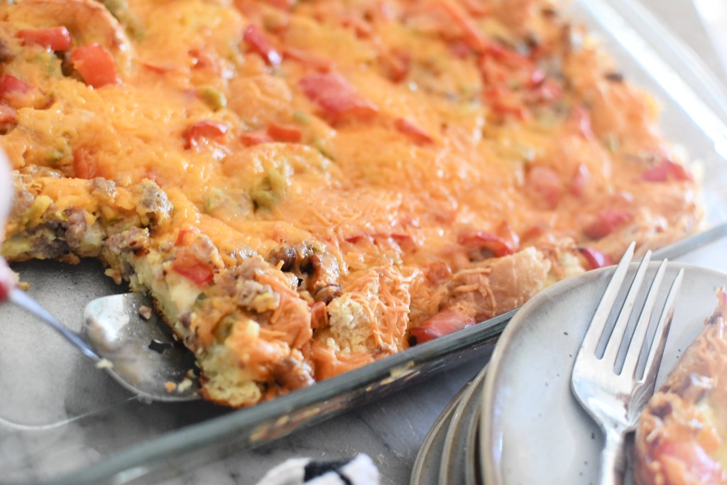 dishing up breakfast casserole