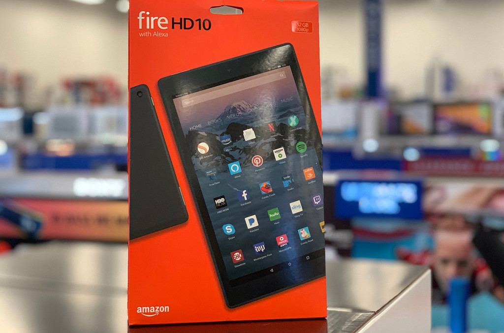 Fire HD 10 tablet sitting on electronics counter at store