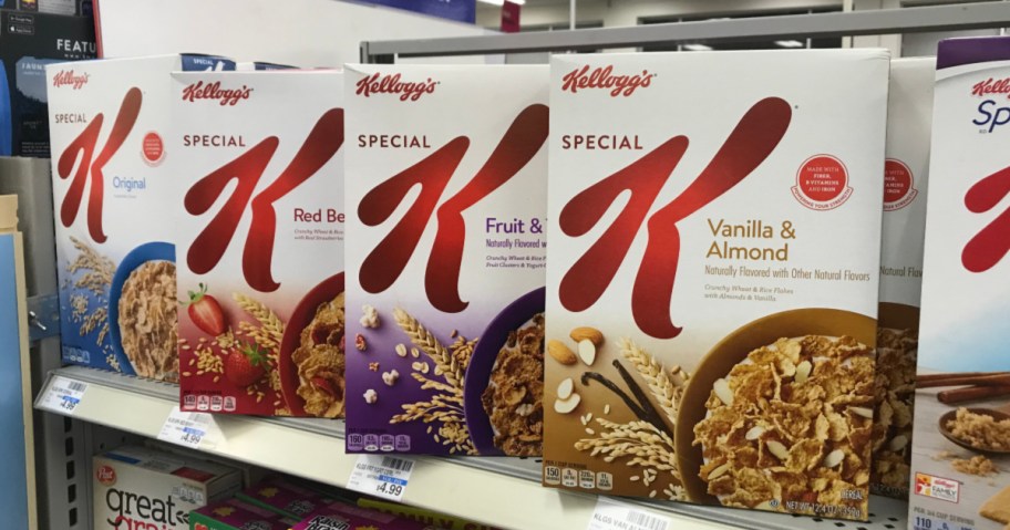 three boxes of cereal on shelf