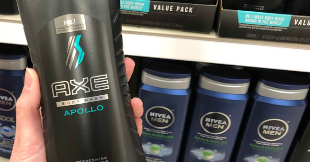 hand holding a bottle of Axe Apollo Body Wash