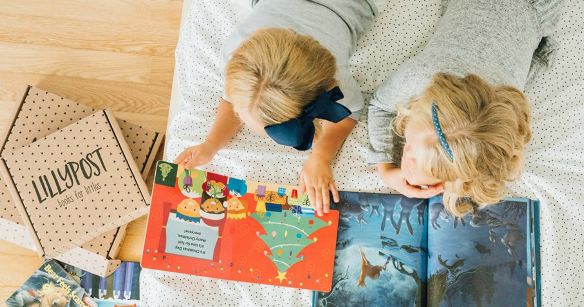 lillypost kids books subscription box promo code deal – kids looking at books together