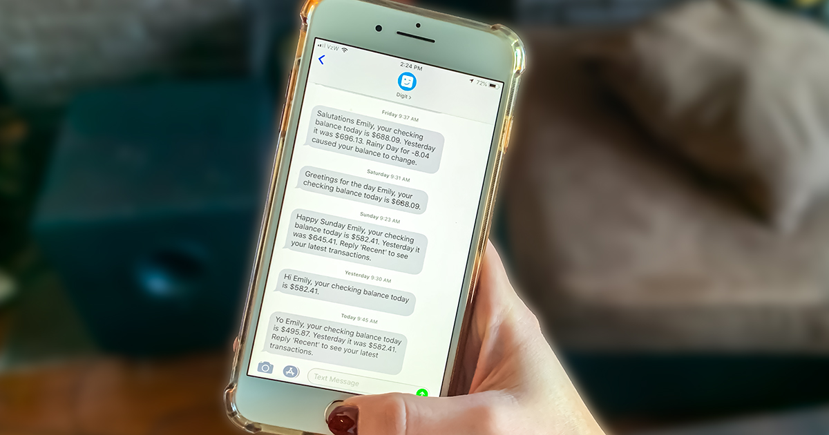 digit budgeting app save money — digit app text messages about account balance