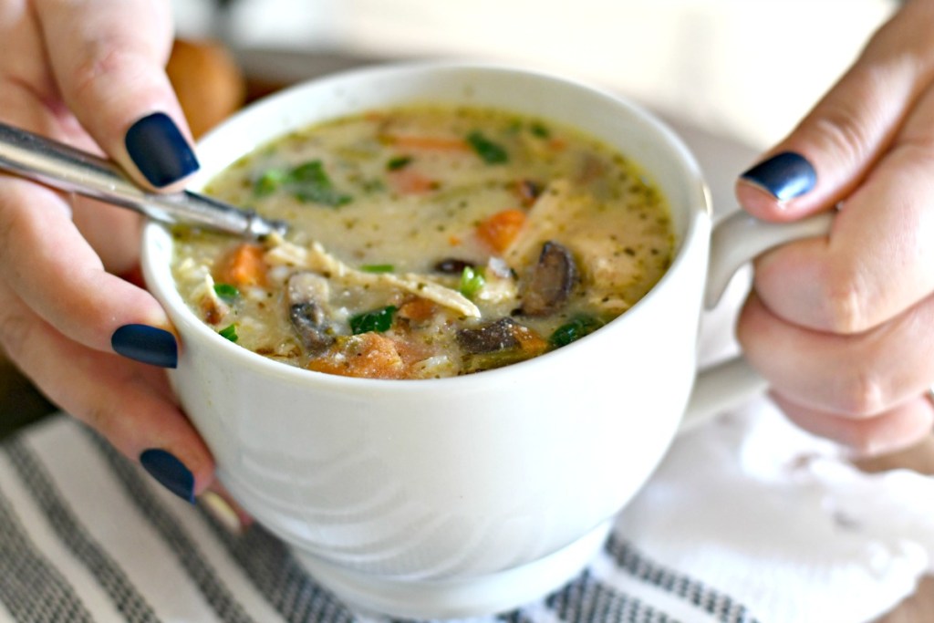 crockpot chicken wild rice soup in a bowl