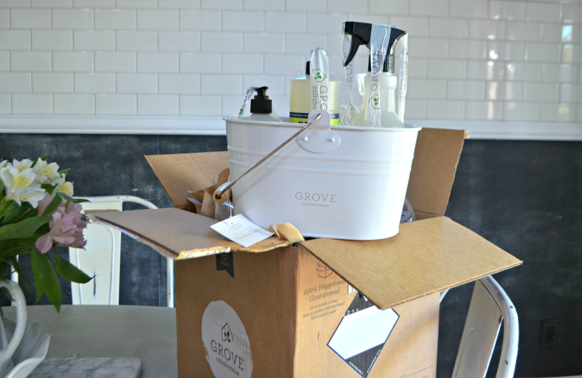 Grove Collaborative items in a tub on top of the shipping box