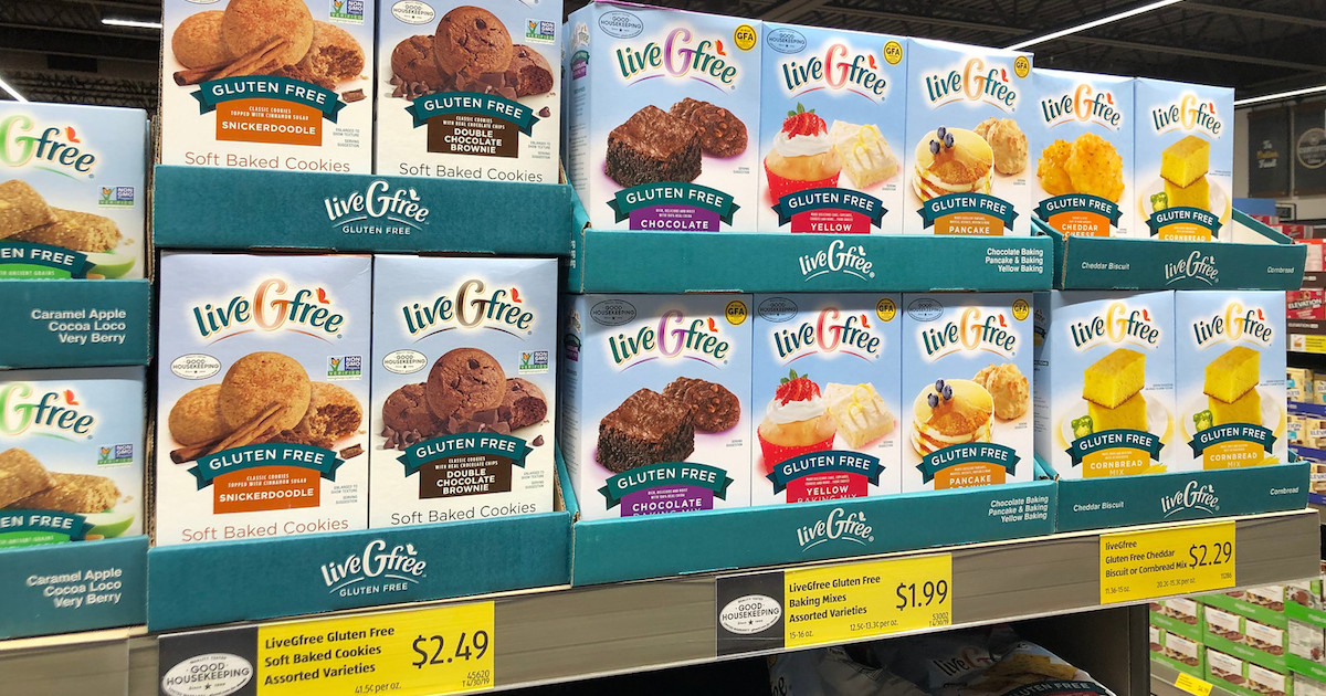 store shelf aisle with stacked rows of gluten free baked goods