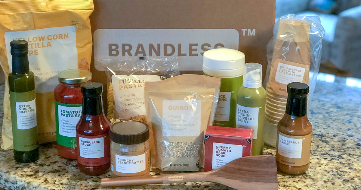 brandless snacking items in front of a shipping box 