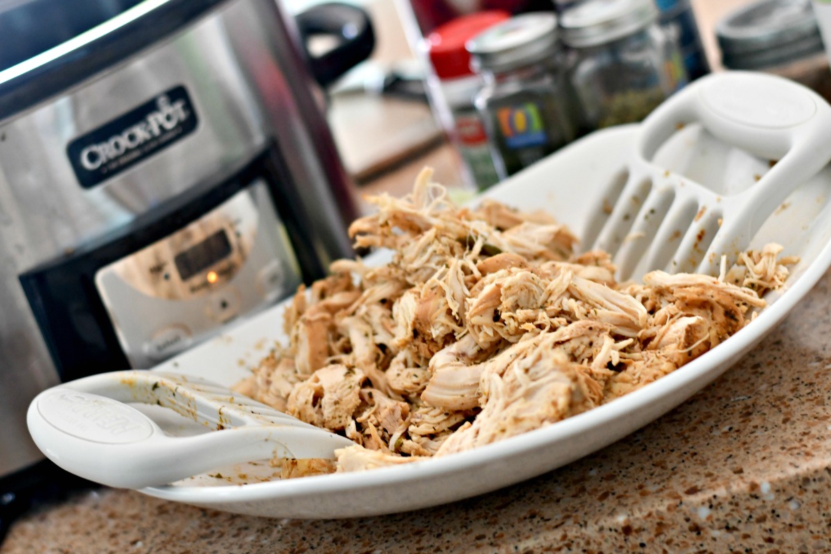 Slow Cooker Chicken Tacos - shredded on a platter