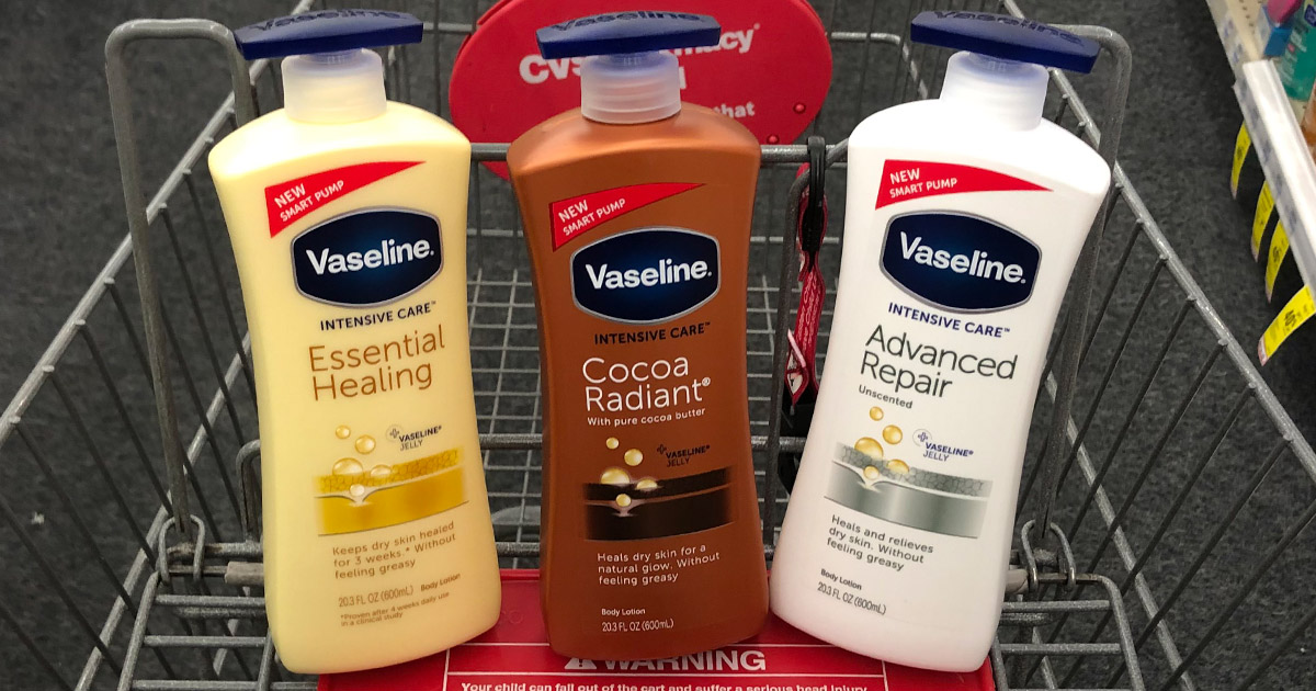 Get a CVS deal on Vaseline intensive care lotion – bottles shown in CVS cart