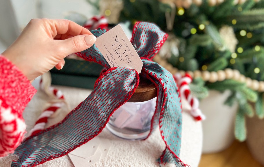 hands holding gift tag on green ribbon on container