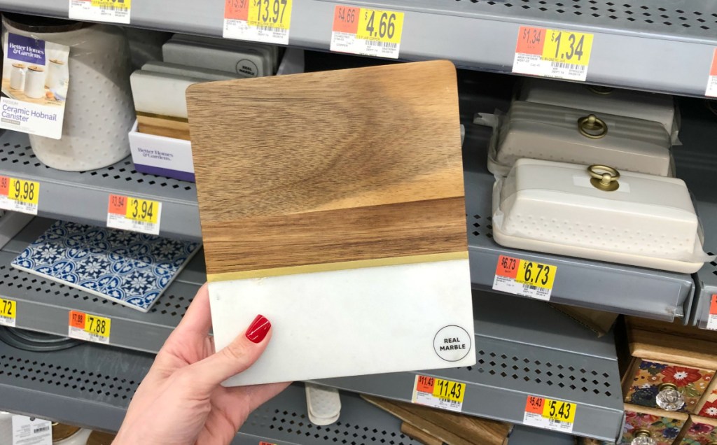 Acacia wood and marble trivet at Walmart