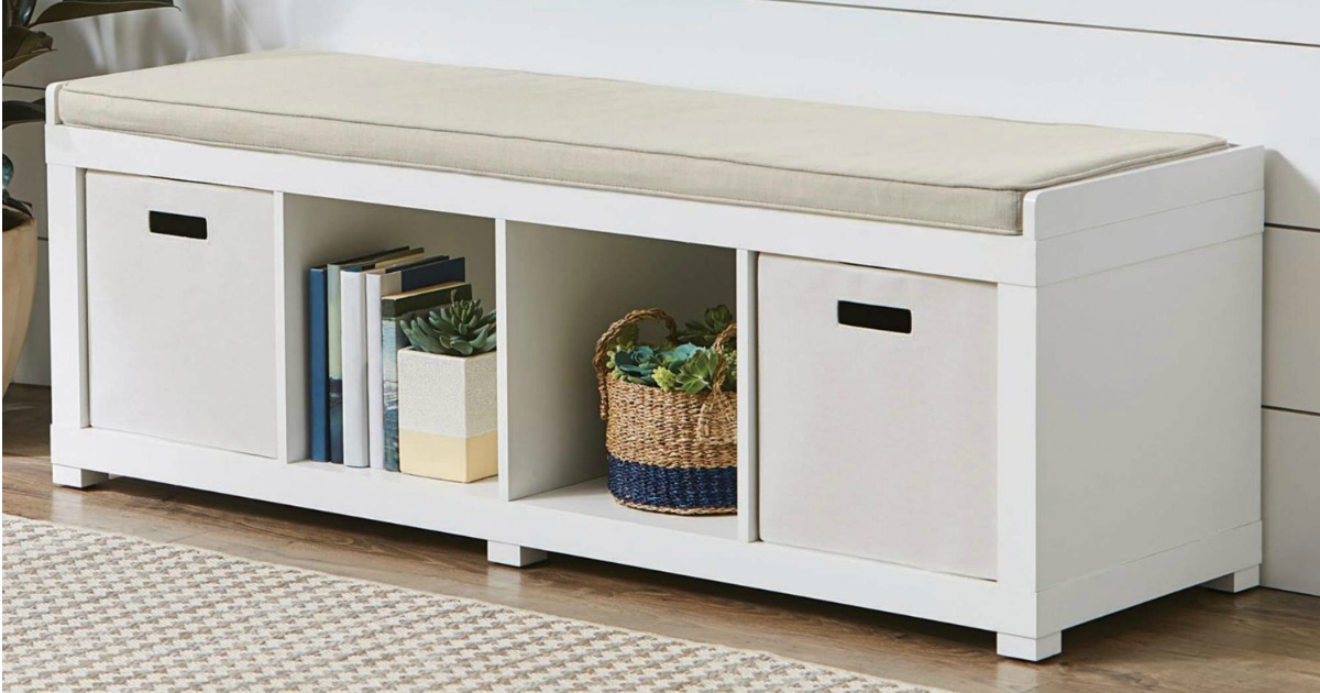 white storage bench with cushion in living room 