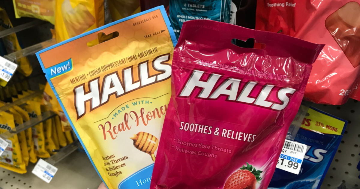 Halls cough drops in front of shelf