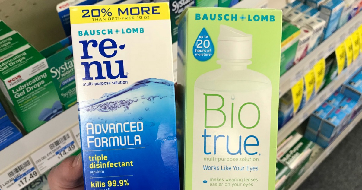 Bio True and Re-nu in front of shelf 