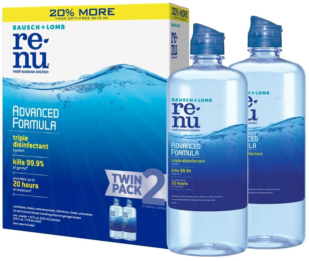 two bottles of ReNu contact lens solution next to the box