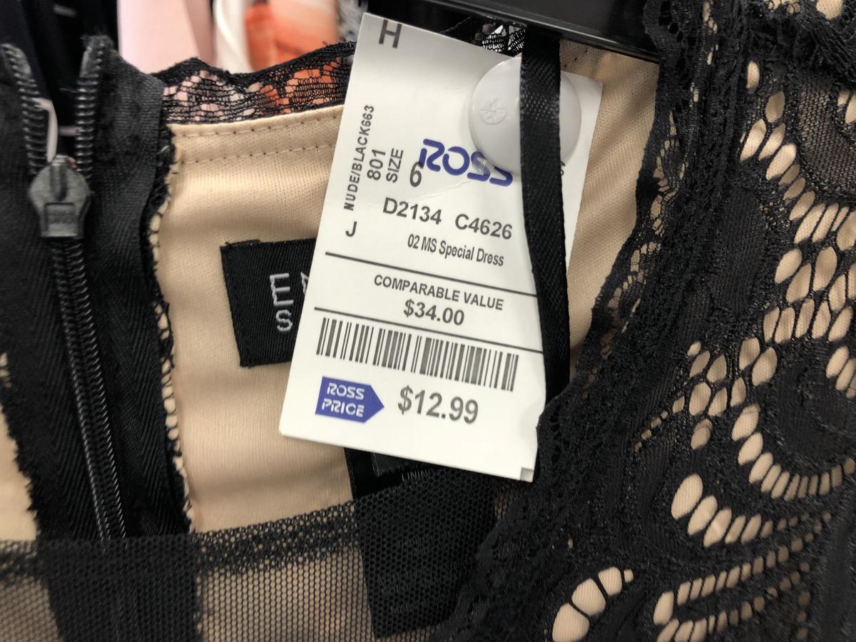 Ross prom dress label showing "onlineparable value" pricing