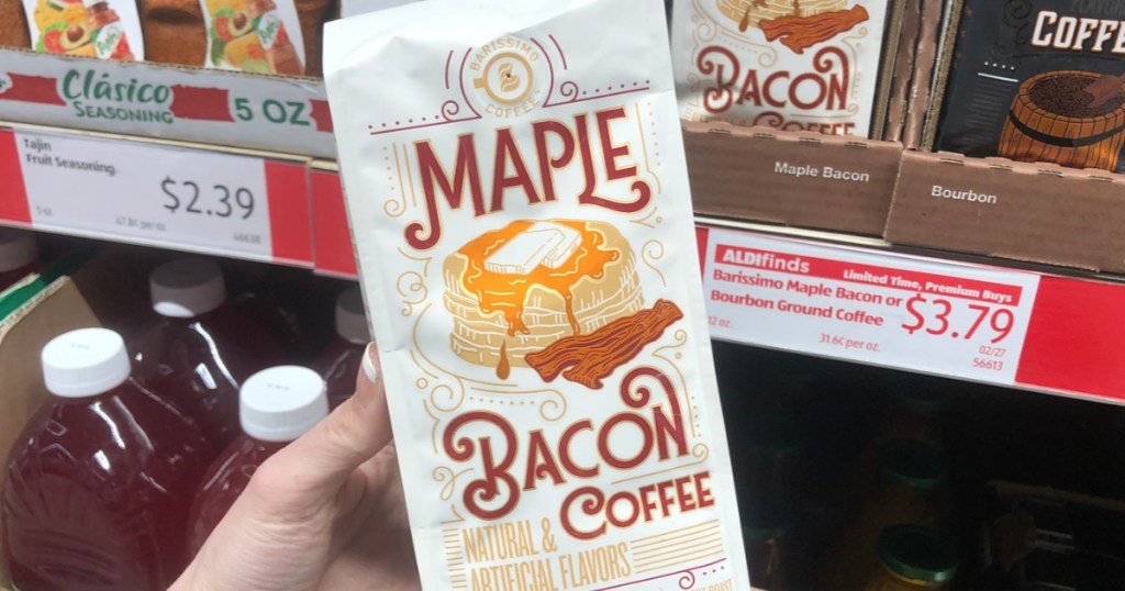 hand holding up maple bacon coffee