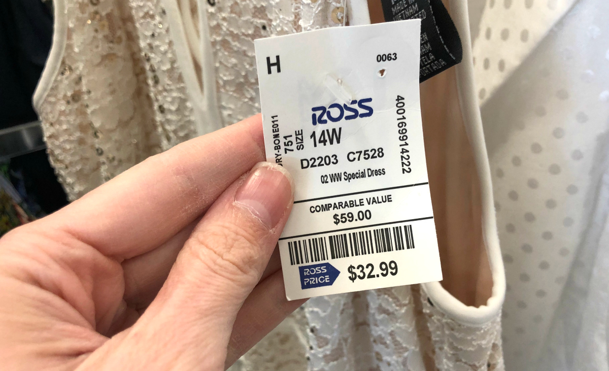 Ross ivory prom dress label showing "onlineparable value" pricing