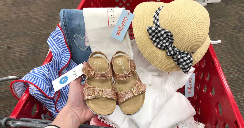 glitter sandals with clothes and hat in target red cart