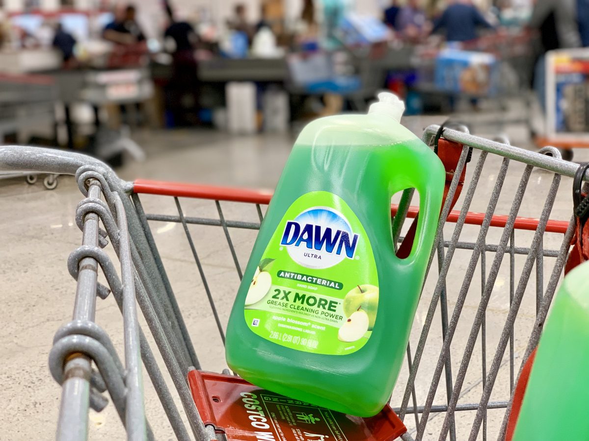 Dawn Antibacterial dish soap 90 ounce bottle in a shopping cart