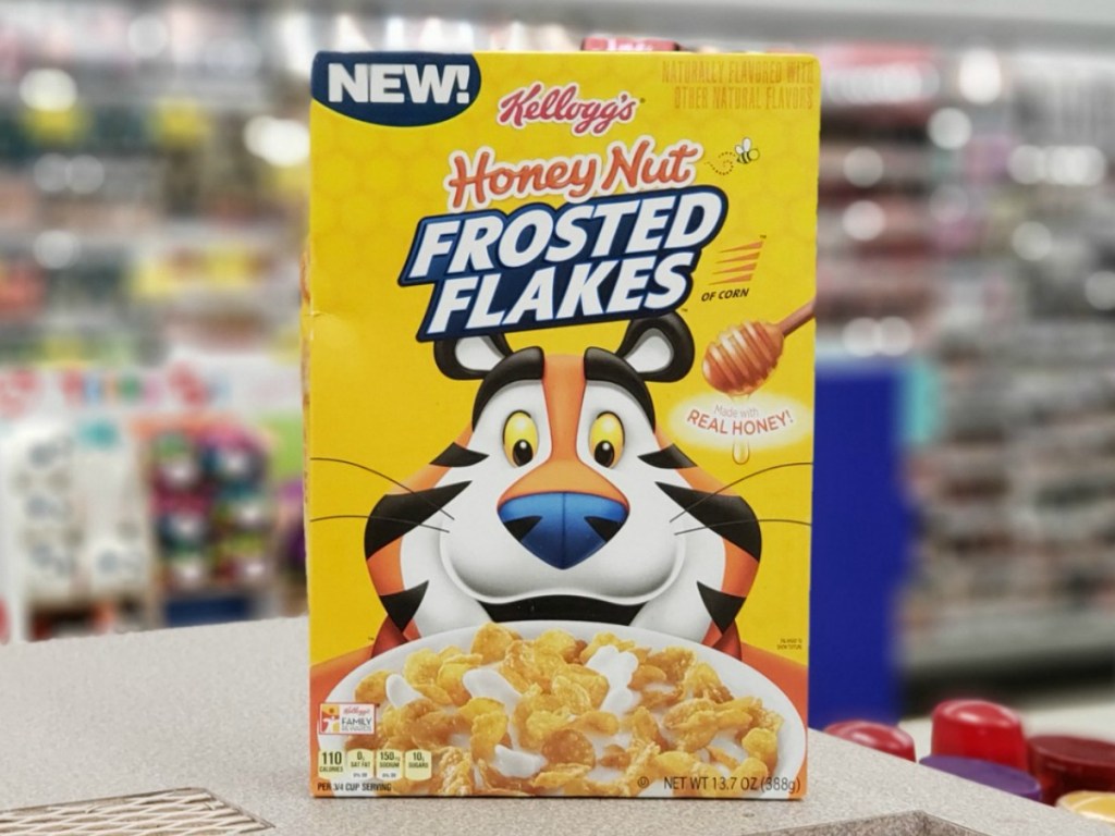 box of Kellogg's Frosted flakes on counter