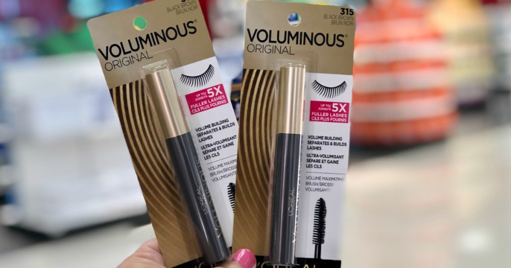 L’Oreal Voluminous Mascaras in hand