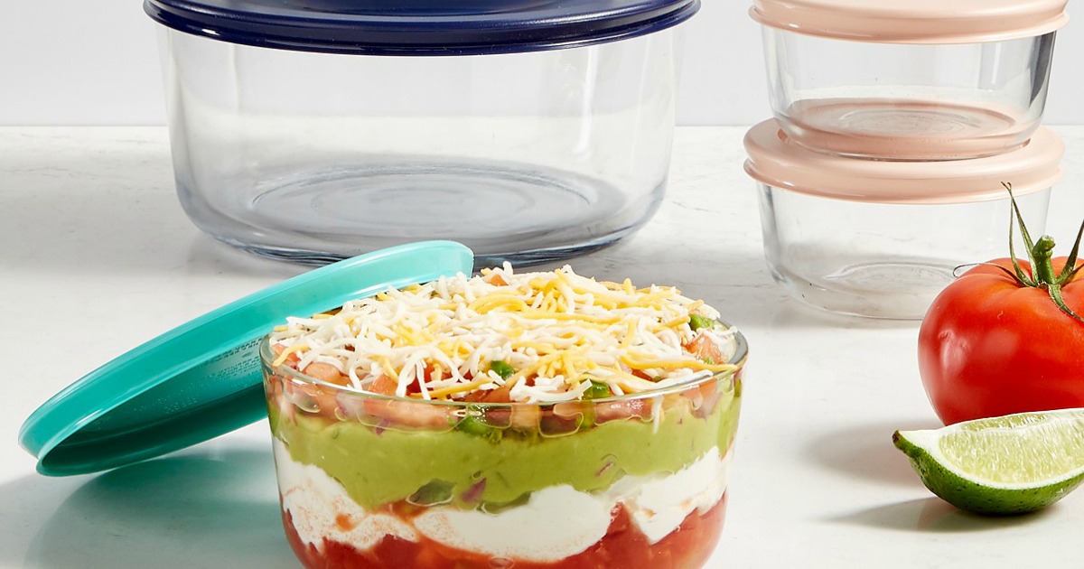 Pyrex glassware dishes on the counter