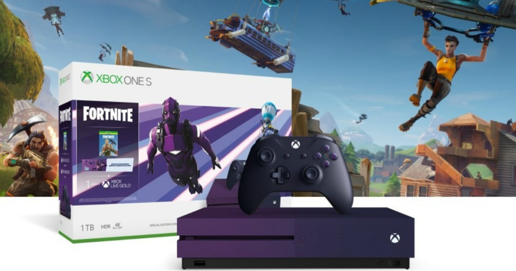 xbox one s fortnite game console box and screen shot of game