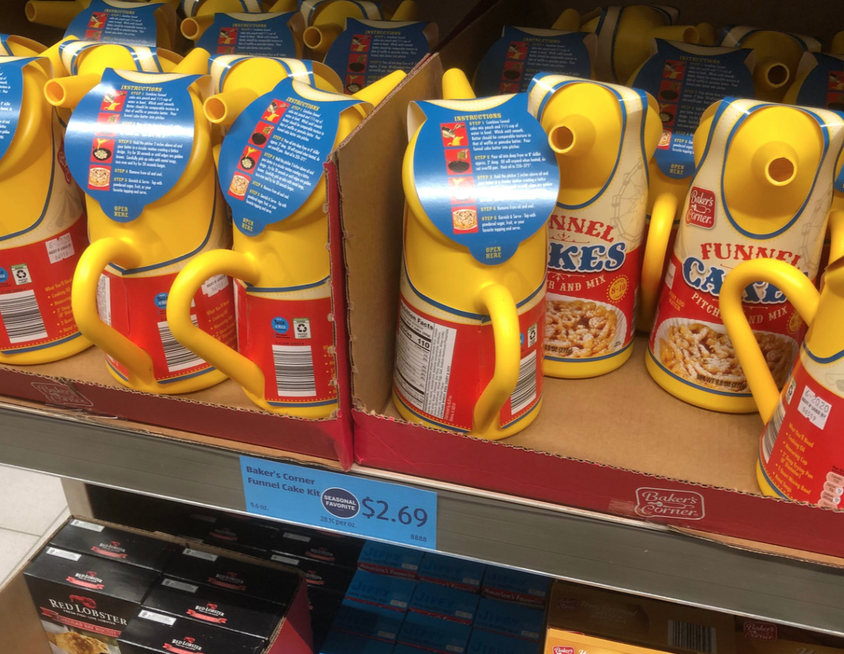 Funnel cake mix on an Aldi shelf