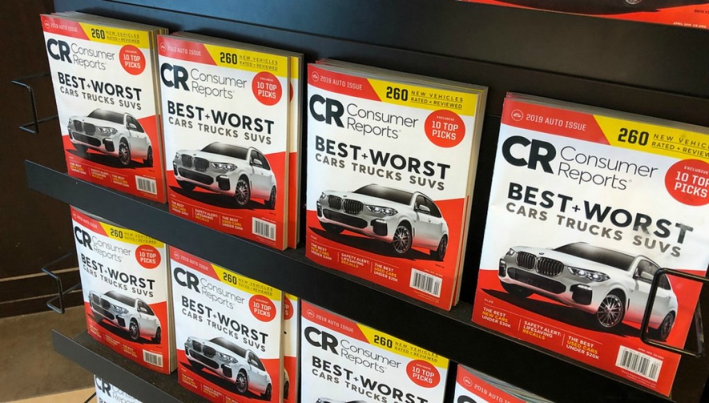 magazine rack with rows of consumer reports magazines