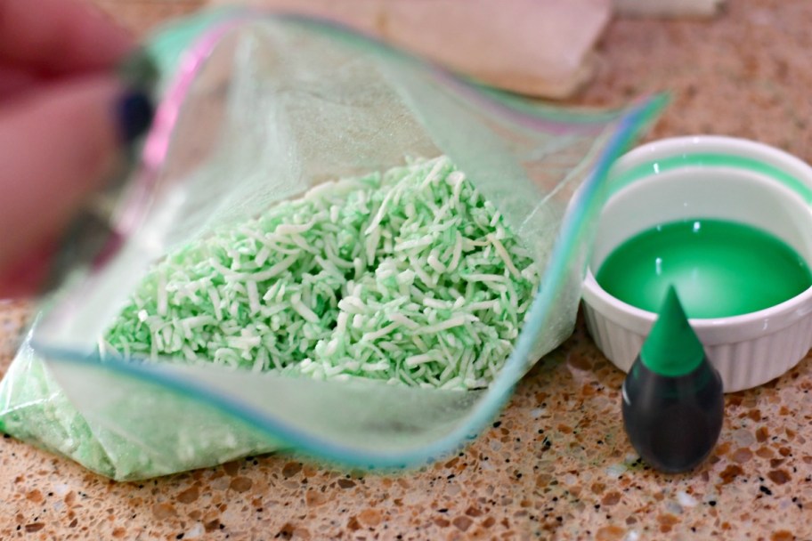 making shredded coconut grass in a baggie for peeps houses