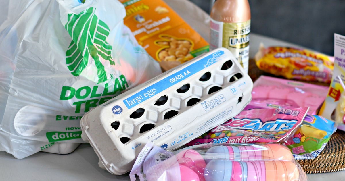 supplies to make an egg carton easter basket with plastic eggs on a table