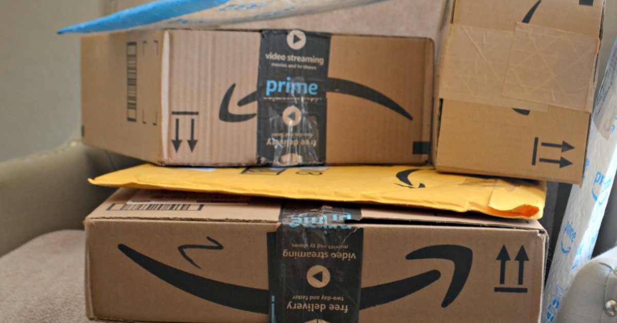 Amazon Prime boxes in a stack