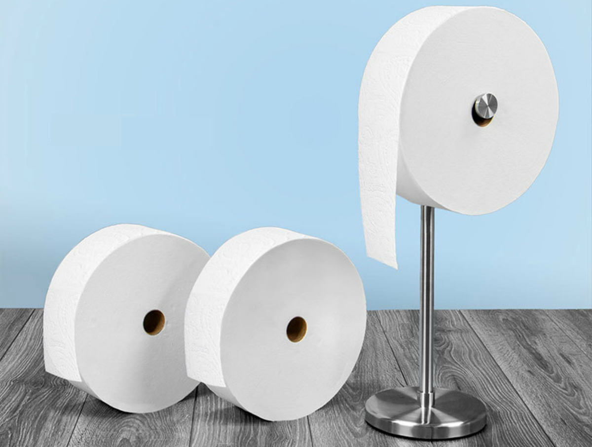 Charmin forever roll Starter Kit includes three rolls of toilet paper and a floor dispenser