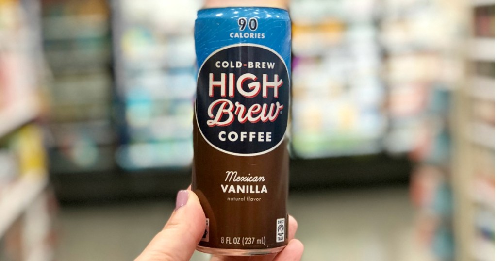 hand holding um can of high brew mexican vanilla cold brew coffee