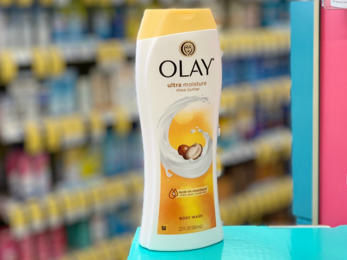 Olay Ultra Moisture Body Wash Shea Butter on counter at Walgreens