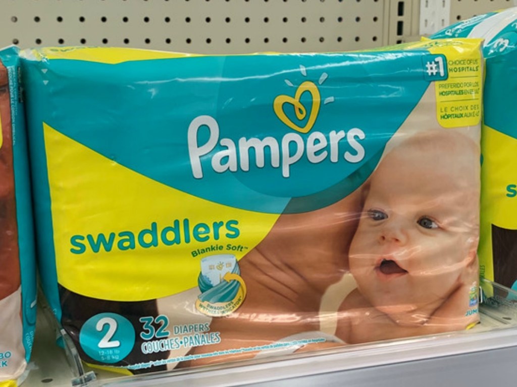 Pampers Swaddlers diapers on Walgreens shelf