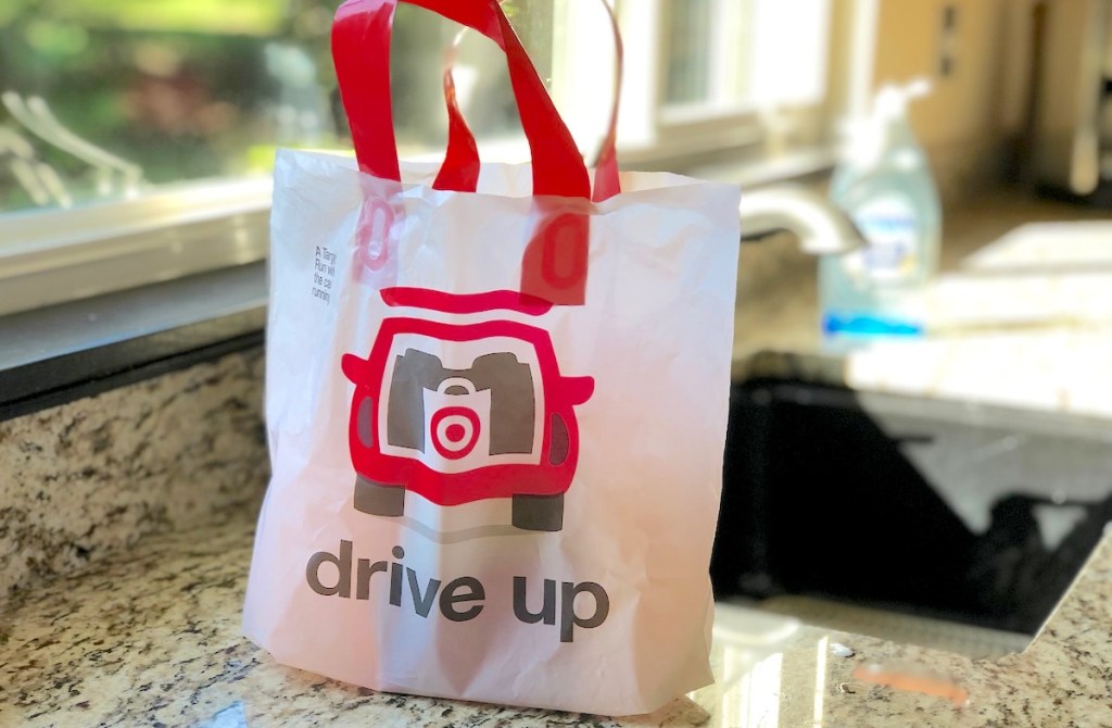 target drive up bag sitting on granite kitchen countertop