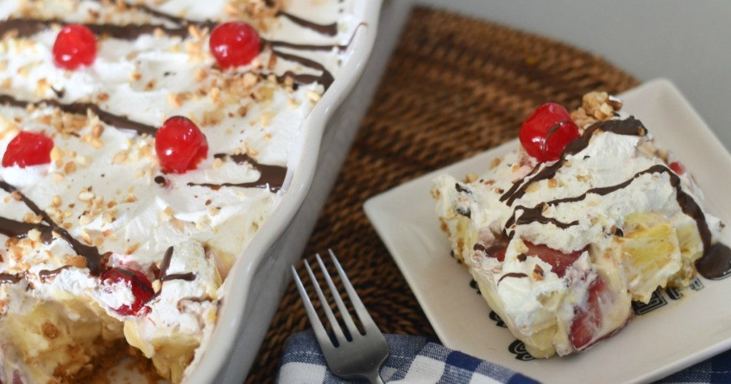 Banana split no-bake dessert on plate