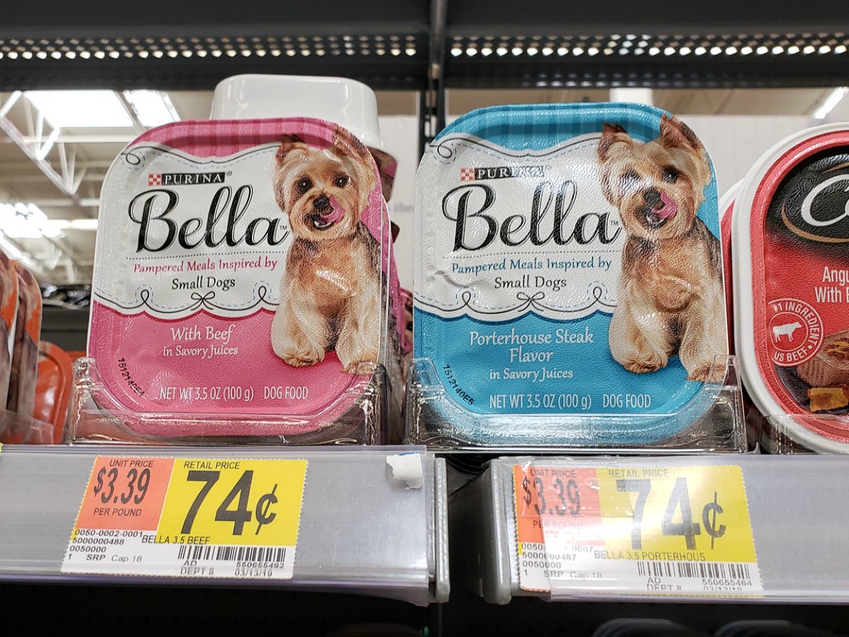 wet dog food trays on a store shelf