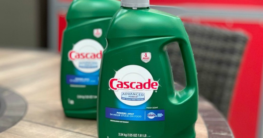 Two Cascade Advanced Power Liquid Dishwasher Detergent 125 Oz Bottles in Fresh Scent on counter