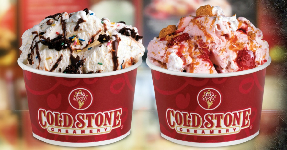 Cold Stone Creamery cups filled with ice cream and topped with syrup