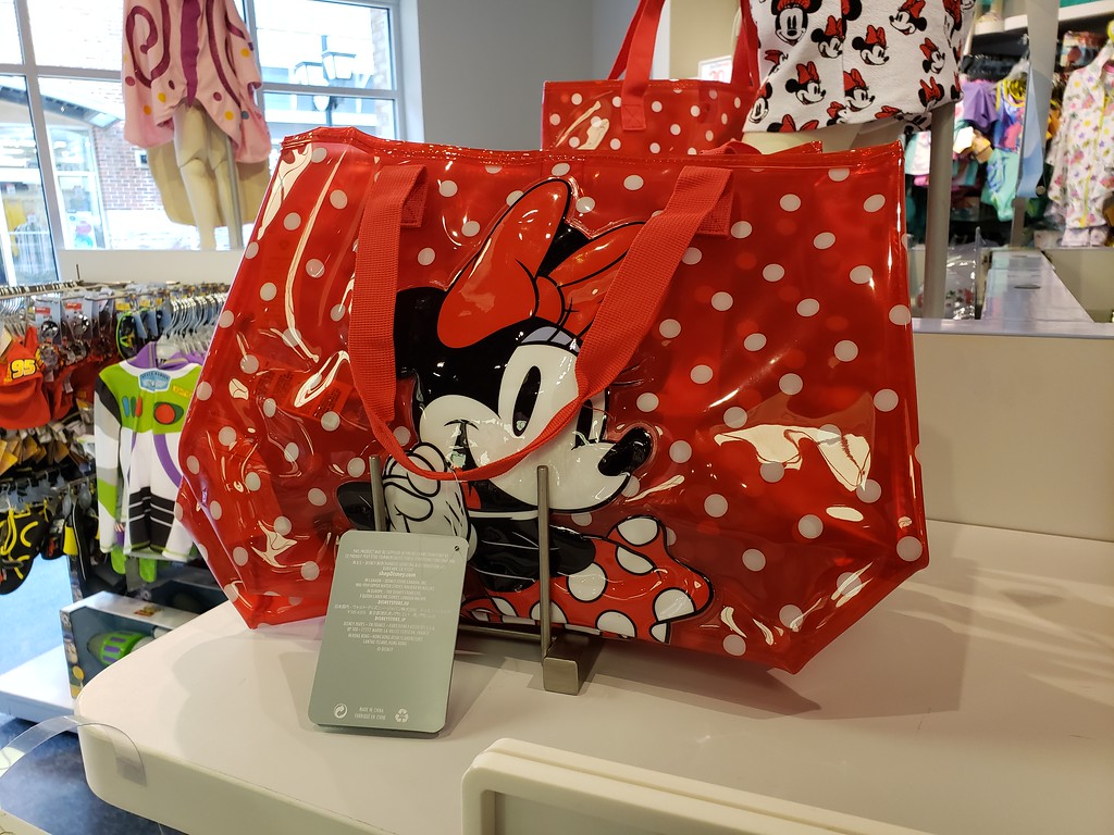 Red Minnie Mouse swim bag with white polka dots