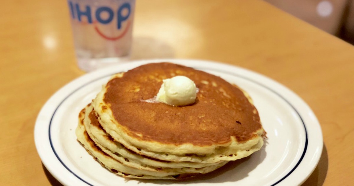 Plated Stack of buttermilk pancakes with scoop of butter at IHOP restaurant